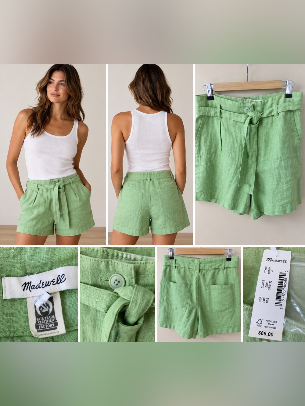 Madewell Women's Light Green 100% Linen Tie-Waist Shorts
